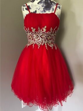 Fabyluxe Couture Grad Red Crystal Spaghetti Strap Mini Dress